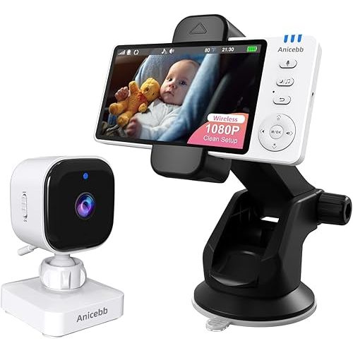 Anicebb Wireless Baby Car Camera Monitor, 5" Display No WiFi Needed, 1000ft Range with 7H Battery, 360° Rotation & Motion Tracking, 8 Lullabies, No-Red-Light Night Vision, Vehicle & Home Use
