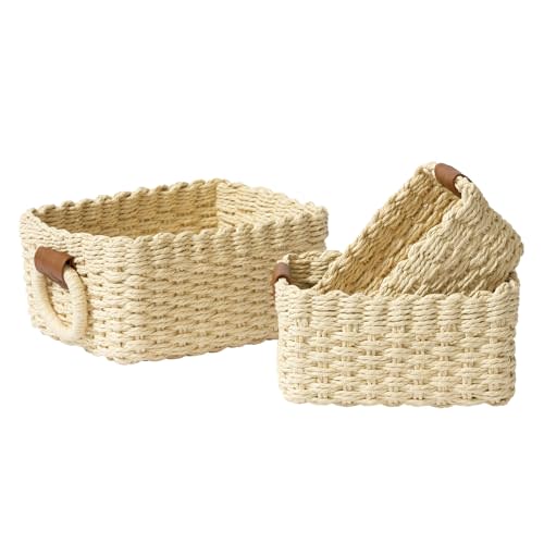 LA JOLIE MUSE Small Beige Wicker Baskets for Organizing, Recycled Paper Rope Storage Basket Container Bins for Shelves Bathroom Cupboards Drawer, Decorative Square Basket Organizer Set of 3