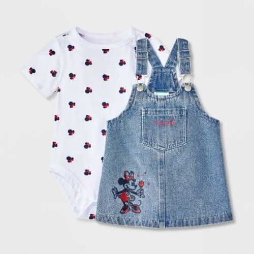 Baby Girls' 2pc Disney Minnie Mouse Americana Short Sleeve Bodysuit and Denim Overalls Dress Set - Blue 12M