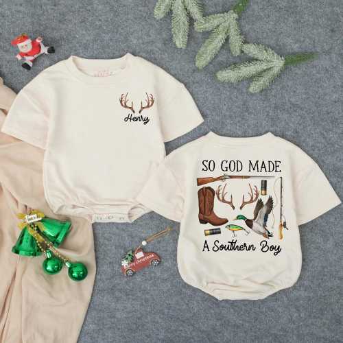 Personalized So God Made A Southern Boy Bubble Romper, Baby Hunting Bodysuit, Southern Boy Outfits, Outdoor Kid Toddler, Little Hunter Gift