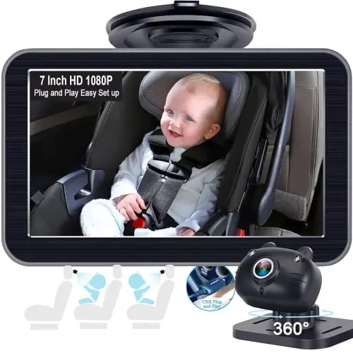 DoHonest Baby Car Camera 7-Inch: USB Plug and Play Easy Setup 360 Degree Rotating Backseat Camera Two Kids HD 1080P Rear Facing Car Seat Camera Clear Night Vision -V9 Black