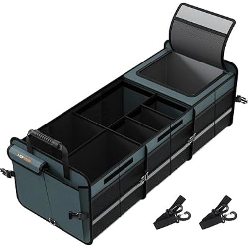 HEYTRIP Large Trunk Organizer With Built-in Leakproof Cooler Bag, 2 Tie-Down Straps, 4 Removable Dividers, Foldable Cover, Built with 2mm PE Board, Gray