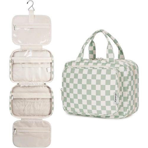 Narwey Hanging Toiletry Bag for Women Travel Checkered Makeup Bag Organizer Toiletries Bag for Travel Size Essentials, Accessories, Brushes, Cosmetics (Green Checkerboard (Medium))