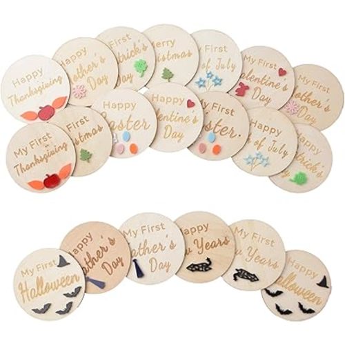 20 Pcs Wooden Baby Holiday Milestone Set, Happy Holiday Round Discs Baby Birth Announcement Sign First Holiday Growth Cards Photo Card Props Baby Shower