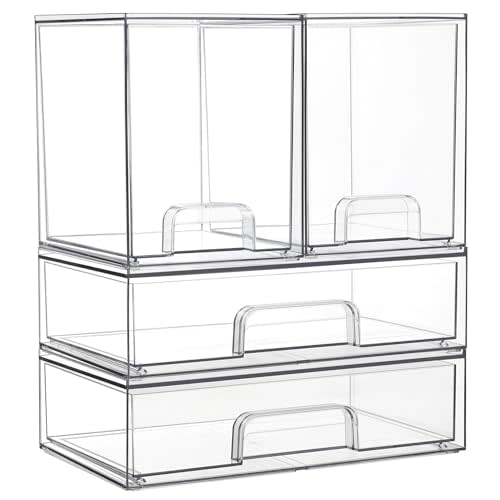 Vtopmart Stackable Storage Drawers Set of 4,Clear Plastic Organizer Bins for Makeup, Cosmetics, Beauty Supplies,Ideal for Vanity, Bathroom,Cabinet,Pantry Organization