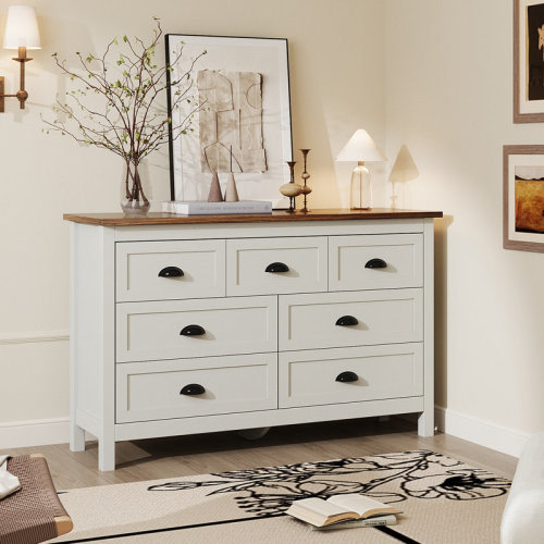 Winston Porter Dresser For Bedroom, Modern White Dresser With 7 Drawers, Wide Chest Of Drawers With Metal Handles White & Reviews | Wayfair