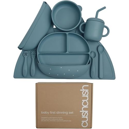 Silicone Baby Feeding Set, Baby Led Weaning Supplies, First Stage Solid Food eating Utensils, Divided Suction Plate, Bowl, Bibs, Sippy Cup, Placemat, 6+ months Newborn Gift (Pastel Blue)