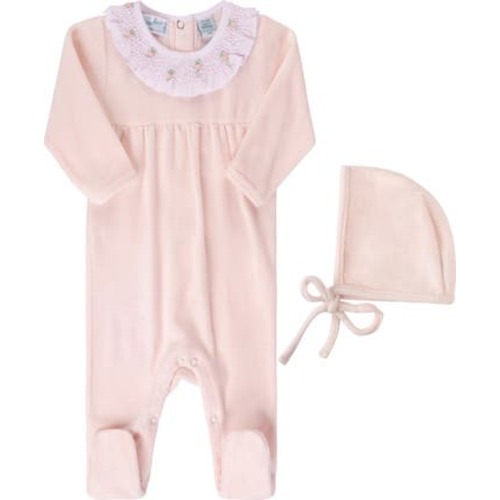 Smocked Collar Velour Footie & Bonnet Set, 6-9M
