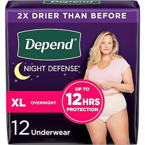 Depend Night Defense Adult Incontinence & Postpartum Bladder Leak Underwear for Women, Disposable, Overnight, Extra-Large, Blush, 12 Count, Packaging May Vary