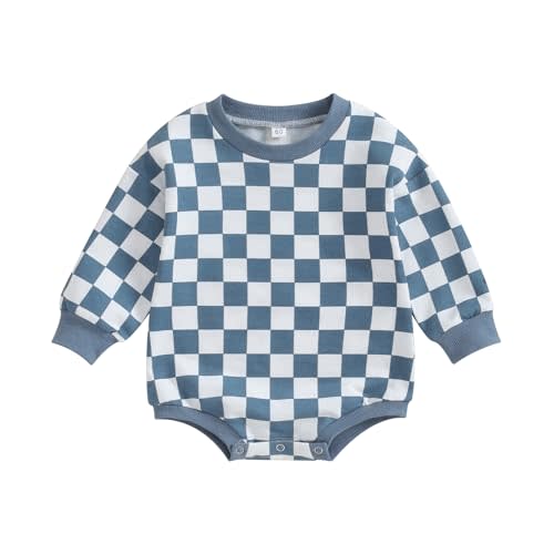 Karuedoo Baby Boy Girl Checkered Sweatshirt Romper Oversized Long Sleeve Bubble Romper Top Neutral Baby Fall Clothes
