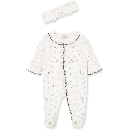 Little Me Clothes for Baby Girls 100% Cotton 2Pc Zipper Closure Footie and Headband Set, Baby Essentials, Preemie to 9 Months