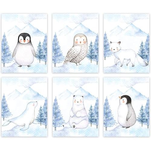 Andaz Press Nursery Kids Room Winter Wonderland Arctic Animals Unframed Wall Art Poster Home Decor Gift, 8.5x11-inch, Penguin, Owl, Winter Fox, Bear, Seal, 6-Pack, No Frames