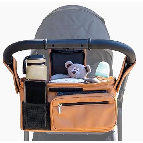 Stroller Caddy with Cup Holder - Vegan Leather Universal Stroller Organizer with Cup Holder & Non-Slip Straps - Stroller Storage Attachment - Stroller Caddy Organizer - Stroller Bag Organizer