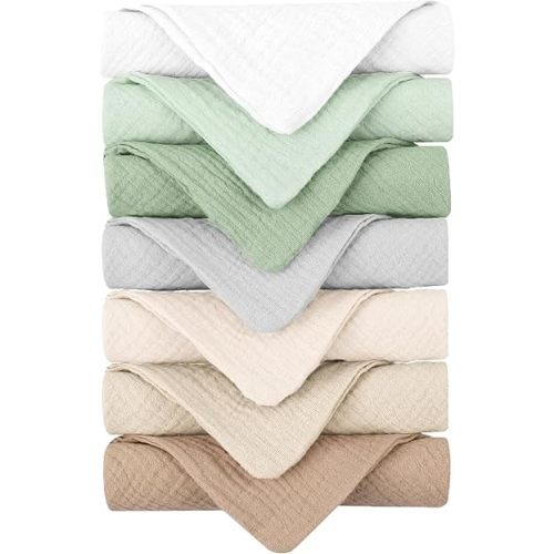 Konssy Baby Muslin Washcloths 7 Pack -100% Cotton Baby Bath Towels, Soft Baby Wash Cloths and Absorbent Burp Cloths for Newborn Kids Girls and Boys, 11x11 inches