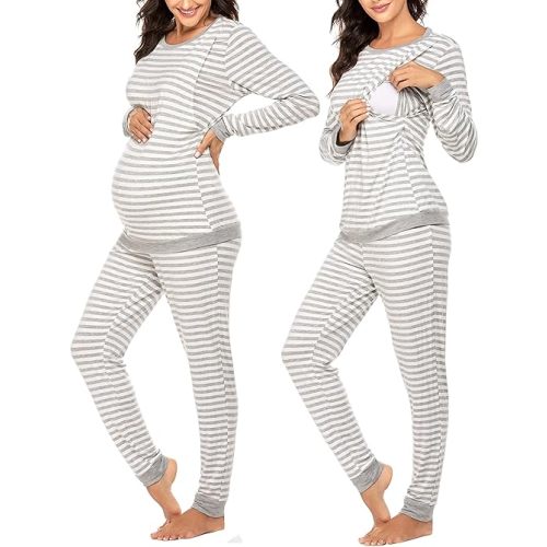 Ekouaer Nursing Pajama Set Long Sleeve Maternity Sleepwear Labor Delivery Pjs Breastfeeding Thermal Underwear Clothes