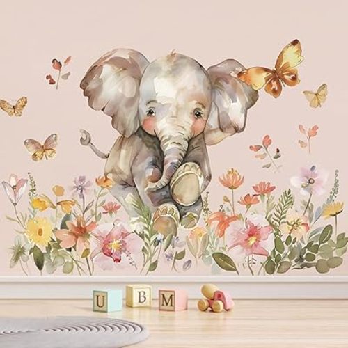 Watercolor Elephant Wall Decals Boho Flower Wall Stickers Cartoon Animal Wall Art Garden Wildflower Pink Floral Butterfly Vinyl Removable Peel and Stick Wallpaper for Kids Nursery Home Decor