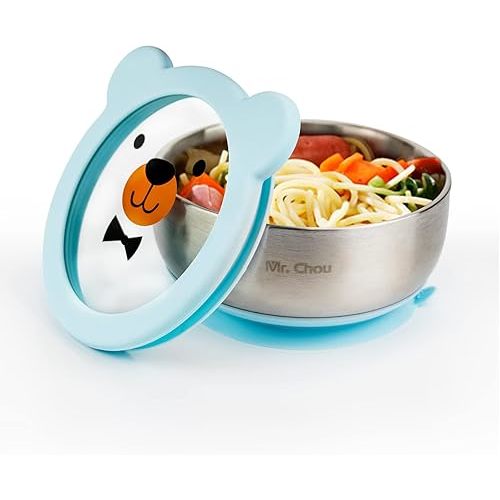 MR. CHOU Baby Bowls with Non-Slip Silicone Suction Cup, Insulated Double-Layer 304 Stainless Steel Toddler Bowls with BPA Free Airtight Lids, Food-Grade Silicone Safe for Kids (Blue)