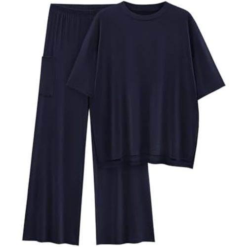 KIRUNDO Womens 2 Piece Outfits 2025 Summer Casual Loose Short Sleeve Pullover Tops & Wide Leg Pants Lounge Sets Tracksuit