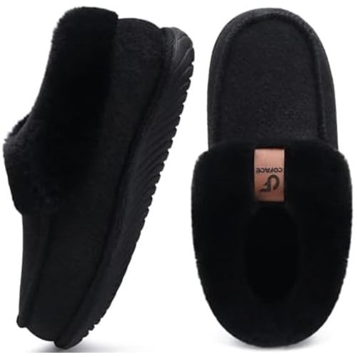 COFACE Women's Memory Foam House Slippers Arch Support Moccasin Winter Shoes Ladies Warm Fuzzy Faux Fur Collar With Indoor Outdoor Rubber Sole