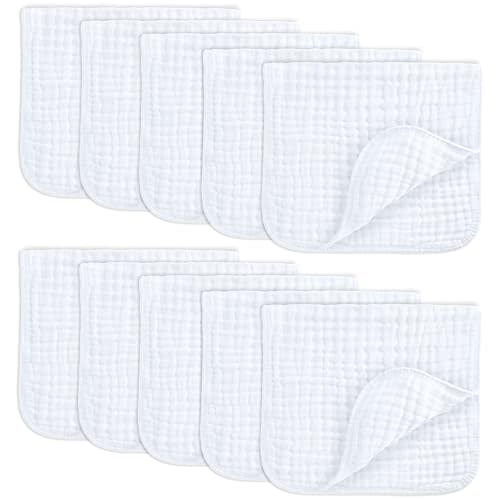 Comfy Cubs Muslin Burp Cloths Set (20”X10”, Pack of 10) - Large, 6-Layer, Ultra Absorbent 100% Cotton for Baby Spit-Up, Drool, and Messes - Soft, Gentle - Great, (White)