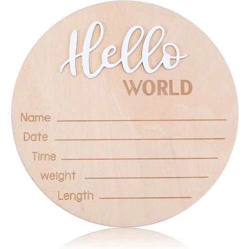 Wooden Baby Photo Props Birth Announcement Sign Wooden Growth Milestone Signs Flat Round with Word Hello World Pale Goldenrod 148x4.5mm