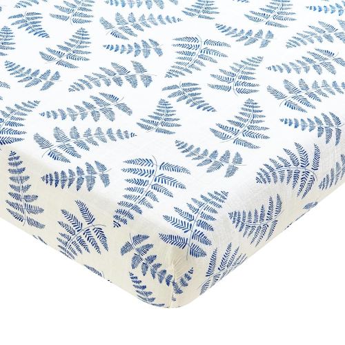 Margaux & May Organic Muslin Cotton Baby Crib Sheet, Blue Fern Print, Fitted, Breathable, Toddler Bedding, 52 x 28, Deep Pocket, Organic Crib Sheets for Cozy Sleep