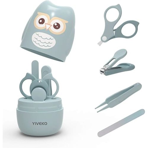 Baby Nail Kit, 4-in-1 Baby Nail Care Set with Cute Case, Baby Nail Clipper, Scissor, Nail File & Tweezer, Baby Manicure Kit and Pedicure kit for Newborn, Infant, Toddler, Kids-Owl Blue