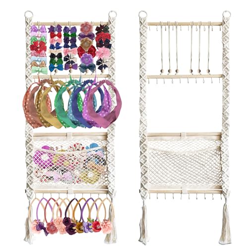 Headband Holder, Hair Bow Organizer for Girls, Large capacity bow hanger for baby girl, Handmade Macrame hair accessories organizer, bow holder, hair clip holder, Boho Wall Decor storage nursery room