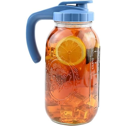 Glass Pitcher with Lid 2 Quart (64oz) Wide Mouth Mason Jar Pitcher- Heavy Duty, Leak Proof - Sun & Iced Tea, Juice and Drinks, Breast Milk Storage & Dispenser - Blue