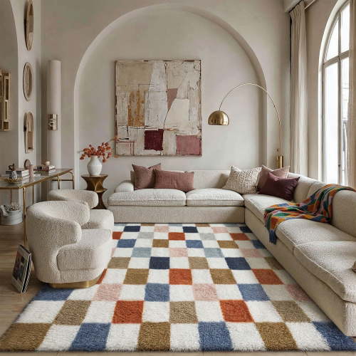 BERTHMEER 6'x9' Fluffy Checkered Area Rugs for Bedroom Living Room Dinning Room Soft Modern Geometric Plush Pile Ultra-Soft Rugs Carpets,Multicolor