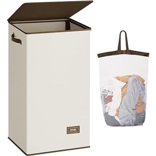 SOLEDI Laundry Hamper with Lid - 100L XL - Large Laundry Basket with Removable Bag, Collapsible Laundry Baskets, Convenient Storage - Hampers for Laundry for Bedroom, Bathroom, Closet, Dorm, Off-White