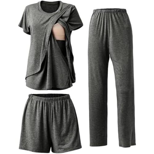Rnxrbb 3 Piece Postpartum Nursing Pajamas Set Casual Soft Maternity Breastfeeding Pjs Sleepwear Loungewear Clothes Layer