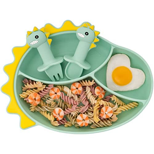 NICINGU Suction Plates for Baby,Silicone Toddler Plates with Spoon Fork set Divided Dinosaurs Plates Self Feeding Training Baby Dinner Plate-Green Dinosaurs Plate Set