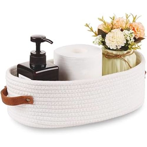 Oradrem Woven Storage Basket for Toilet Tank Top,Farmhouse Home Decor Organizing Baskets for Bathroom,Table and Counter 13"x5.9"x4" White