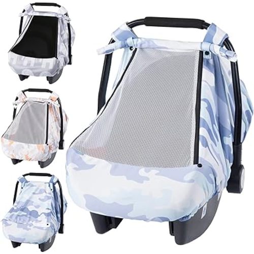SMTTW Car Seat Cover for Babies, Stretchy Breathable Carseat Canopy with Peek Window, Multiuse Infant Stroller Cover for Baby Boys Girls, Privacy Sun Shade & Wind Protect for Summer (Camouflage)