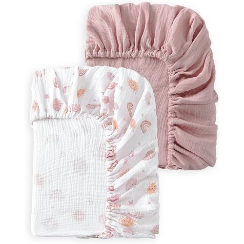 Baby Crib Sheets 2 PCS, 100% Organic Cotton Crib Sheet for Standard Crib Mattress(52”x 28”), Fitted and Soft Breathable Muslin Crib Mattress Sheet for Girl and Boy (Rainbow, Pink)