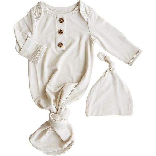 Caden Lane Newborn Knotted Gown with Hat, Soft Bamboo Viscose Baby Sleep Sack, Unisex Infant Nightgown, Breathable Sleepwear - Oat