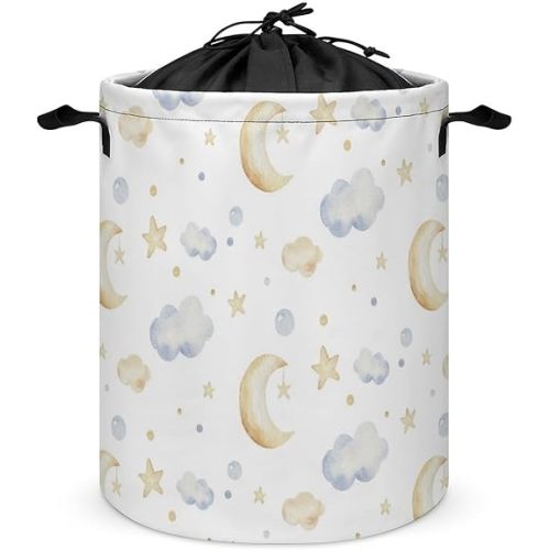 Baby Laundry Hamper Cartoon Cute Kids Nursery Laundry Basket Drawstring Round Collapsible Toys Clothes Storage Organizer Moon and Stars Decor Baby Hamper for Boys Girls Bedroom