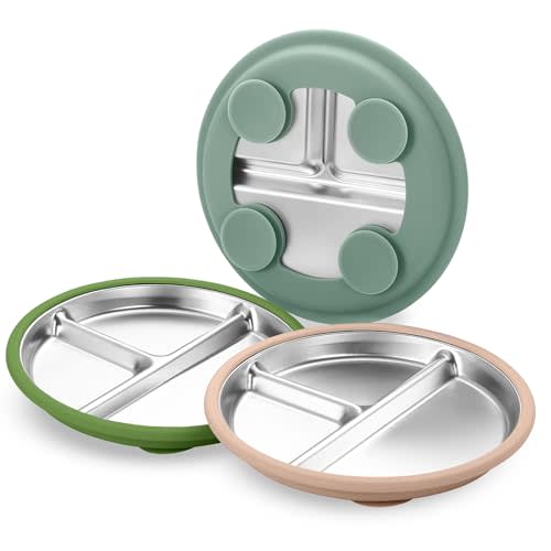 3Pack Sainless Steel Kids Plates with Suction, 8.1” Divided Toddler Baby Plates with Removable Silicone Sleeves BPA Free Non-Slip 2-in-1 Anti Breakage Metal Toddler Bowls
