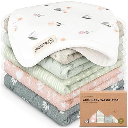 6-Pack Cotton Baby Washcloths for Newborn - Organic Cotton Muslin Soft Wash Cloths for Babies, Infant, Kids, Toddler Towels Boy, Girl, Super Absorbent Face Cloths, Scratch-Free Baby Rags (Fleur)