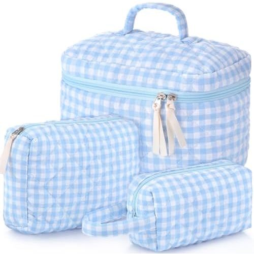 Paterr 3 Pieces Cotton Quilted Makeup Bag Set Coquette Cosmetic Bag Aesthetic Travel Toiletry pouch Cute Pouch Kawaii Aesthetic for Women(Blue,White and Blue Plaid)