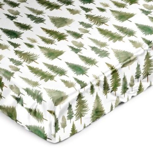 Sweet Jojo Designs Gender Neutral Unisex Satin Fitted Crib Sheet Woodland Pine Tree Green and White