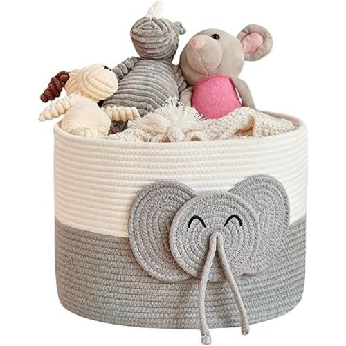 Large Elephant Cotton Rope Basket - Versatile Baby Hamper and Baby Toy Basket, Perfect Basket for Baby Shower Gifts, Stylish Laundry Basket, Round Basket for Children's Storage (15"x15"x11")