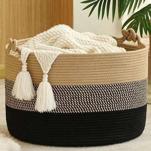 KAKAMAY Large Blanket Basket (20"x13"),Woven Rope Baskets for storage Baby Laundry Hamper, Cotton Rope Blanket Basket for Living Room, Laundry, Nursery, Pillows,Baby Toy chest (Jute/Black)