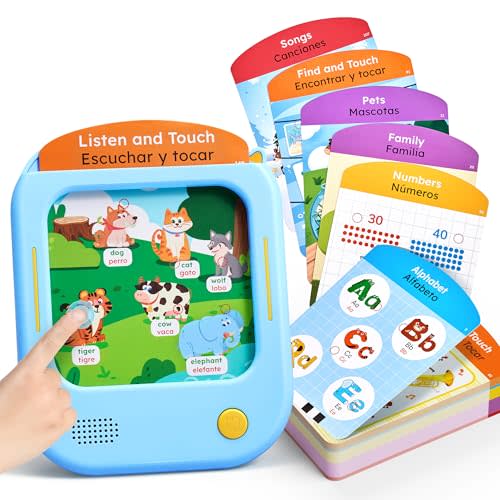 JoyCat Bilingual Kids Learning Tablet, 106 Pages Spanish & English Talking Cards with 20 Interactive Games, Montessori Toy for Alphabet, Words, Numbers, Colors & Songs, Learning Gifts for Toddler 2-6