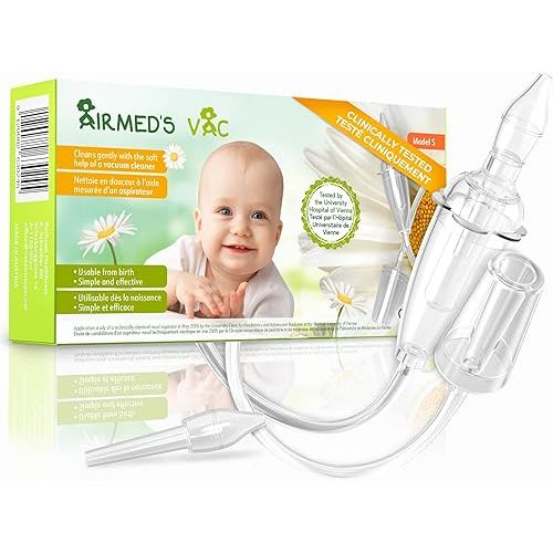 Airmed's Vac Nasal Aspirator Baby. CLINICALLY TESTED, SAFE and GENTLE. Baby nose sucker with 2 suction heads and cleaning brush. Safe and gentle baby nasal aspirator with strength of a vacuum cleaner