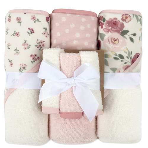 Baby Essentials 6 Piece Printed Hooded Bath Towel and Washcloth Set for Infant, Newborns and Toddlers 3 – 24 Months for Bath Time, Showers, Lounge, Beach and Pool in Roses & Blossoms