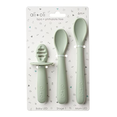 Ali+Oli (3pc) Silicone Spoon Set for Baby (Pine) Unbreakable Silicone Baby Spoon, Baby Spoons Self Feeding 6 Months & Up, Self Feeding Baby Utensils, Multi-stage Baby Feeding Spoon, Ergonomic Design
