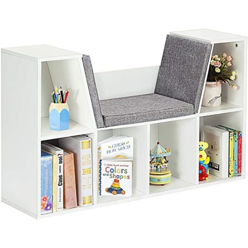 Costzon Kids Bookshelf with Reading Nook, 6 Cubby Bookcase with Soft Seat Cushion, Wooden Toy Storage Organizer, Book Shelf for Playroom, Nursery, Daycare
