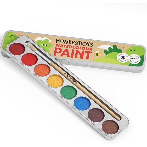 Honeysticks Non Toxic Watercolor Paint Set for Kids (8 Pack) - with Brush | Bright, Long Lasting Paints With 98% Natural Ingredients, Food Grade Colors Plus Jumbo Paint Brush - Preschool Art Supplies